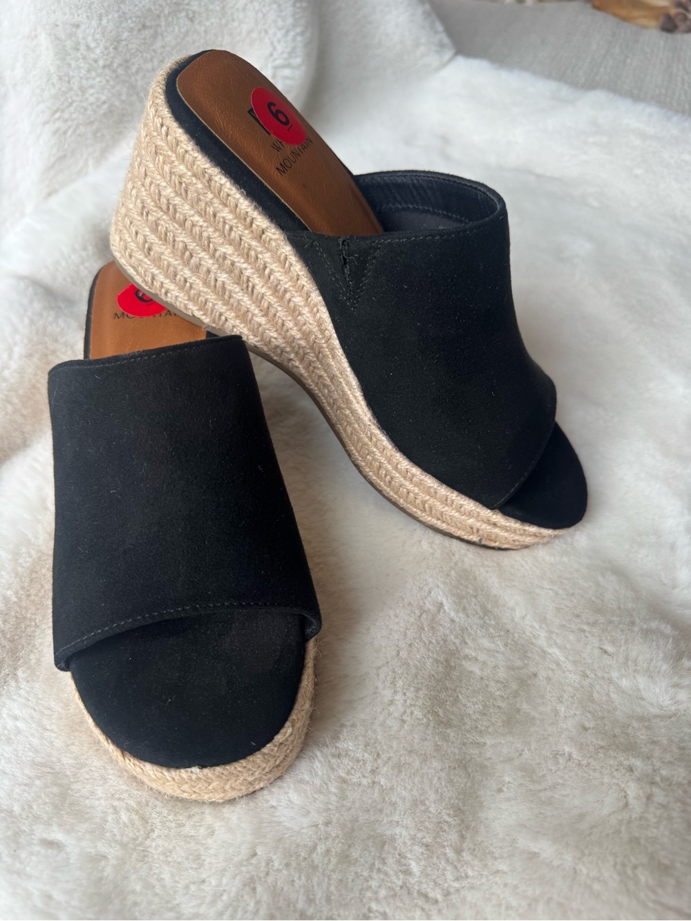 White Mountain Black Faux Suede Espadrille Wedge Slide - Size 6
